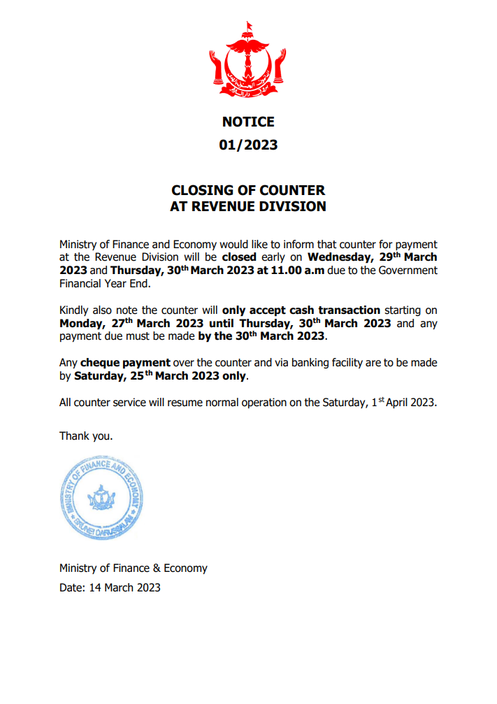 RD Counter Closing Notice